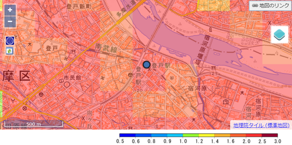 登戸駅周辺の地震の際の揺れやすさを表したマップ